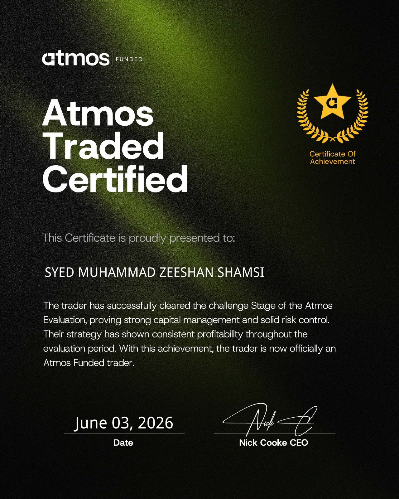 Funded trader certificate awarded to One Mentor student Syed Muhammad Zeeshan Shamsi